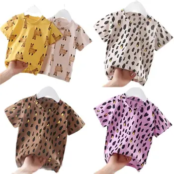 Detské leopard tlač bavlna-krátke rukávy T-shirt letné nový štýl chlapec dievča dieťa módny trend top P4220