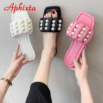 Aphixta 2021 Lete Pink Pearl Dizajn, Luxusný Nový Plochý Náklon Listov Ženy, Otvorené Prst Papuče Voľný Čas Mu Žena Pláži Flip Flops