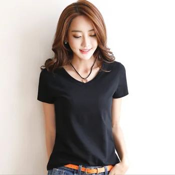 Kórejská verzia farbou V-krku-krátke rukávy T-shirt klesnutie tričko