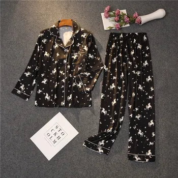 Pyžamo-Nastaví Odev Sleepwear Vyhovuje Jar Ženy Veľké PJS Hodvábny Satén Long-Sleeve Lingeries Femme Pijama Tlač 2Piece