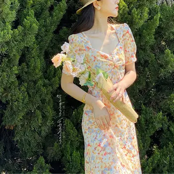 Vintage Kvetinové Šaty Žien Lete Lístkového Rukáv Námestie Golier Víla Šaty Žena 2021 Nové Dizajnér Midi Sundress Kórejské Oblečenie