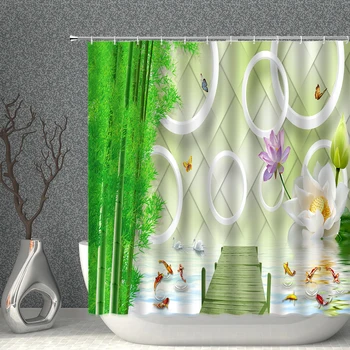 Zen Stone Sprchové Závesy Kvetu Rastlín Odraz Kúpeľňa Opony Bambusu 3D Tlač Vzor vaňa výzdoba Domov Polyester Textílie
