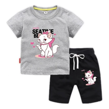 Baby Girl Šaty s Krátkym Rukávom Letné Cartoon Mačky Tlač Deti T-shirt Topy + Šortky Nastaviť Chlapci Oblečenie
