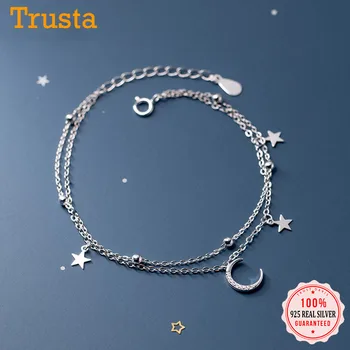 TrustDavis Skutočné 925 Sterling Silver Módna dvojitá Reťaz Moon Star Náramok Pre Ženy, Svadobné Valentín Šperky DB1161