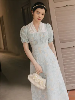 Kórejský Dizajn Ženy Dlhé Šaty Letné Vintage Svetlo Modrá Duté Z Lístkového Rukáv Elegantné Midi Šaty Nádherné Vestido Festa