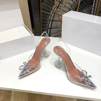Kvalitné Vysoké Podpätky S luxusnými Diamond Fashion Značky Sexy Dámy 10 cm PVC Sandále Office Šaty Stiletto Špicaté Prsty na nohách Sandále