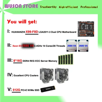 HUANANZHI X99-F8D LGA2011-3 Doska s 512G M. 2 NVMe SSD Dual Xeon Procesor E5 2680 V4 Chladičov 128G RAM(8*16G) 2400 RECC