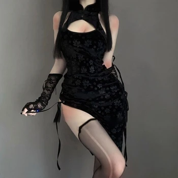 Ženy Sexy Cosplay Kostým Cheongsam Anime Kombinéza Dámy Šaty Čipky Oblečenie Úlohu Hrať Slim Fit Otvoriť Hrudník Jednotné Biela Čierna