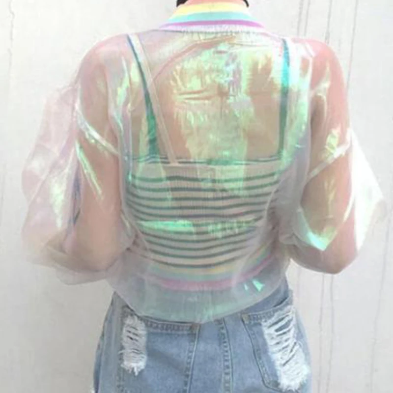 Ženy Dúhové Transparentné Bunda Holografické Kabát Laser Rainbow Bombardér Bežné Cool Oblečenie Ženy Dámy Kabát Topy 1