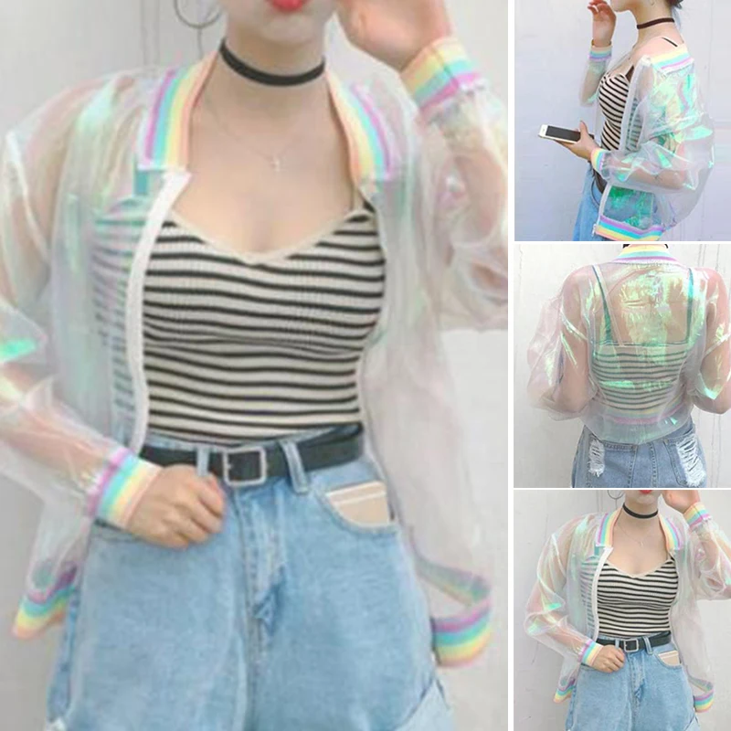 Ženy Dúhové Transparentné Bunda Holografické Kabát Laser Rainbow Bombardér Bežné Cool Oblečenie Ženy Dámy Kabát Topy 2
