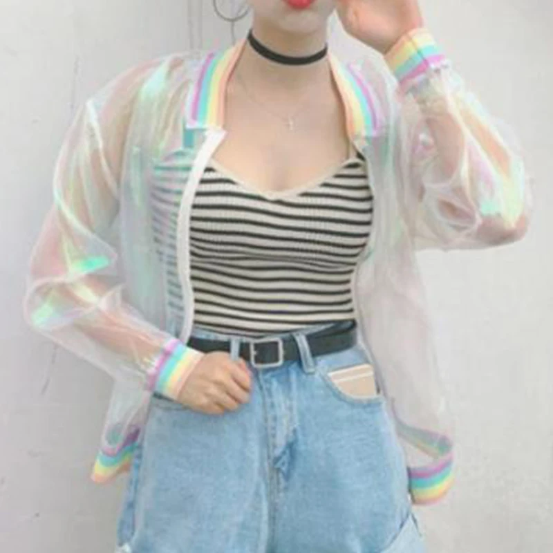 Ženy Dúhové Transparentné Bunda Holografické Kabát Laser Rainbow Bombardér Bežné Cool Oblečenie Ženy Dámy Kabát Topy 3