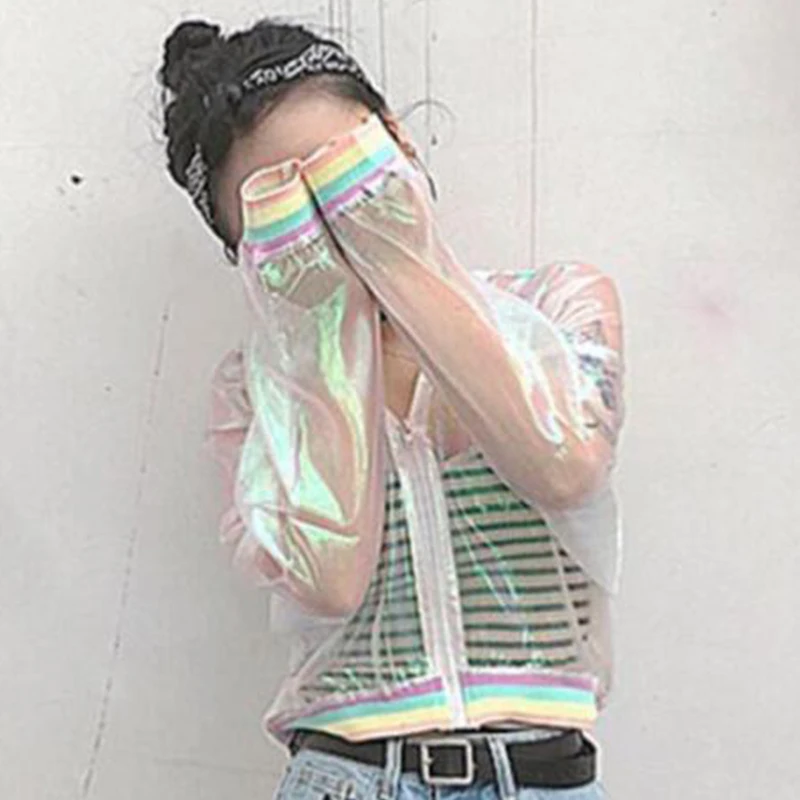 Ženy Dúhové Transparentné Bunda Holografické Kabát Laser Rainbow Bombardér Bežné Cool Oblečenie Ženy Dámy Kabát Topy 5