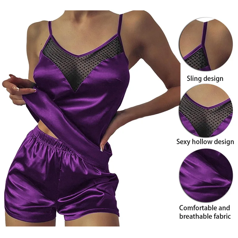 2021 Letné dámske Pyžamo Nastaviť tvaru Úsek Satin nightie pre ženy Sexy spodnú Bielizeň Sleepwear Pyžamo Odev Domáce Oblečenie 3